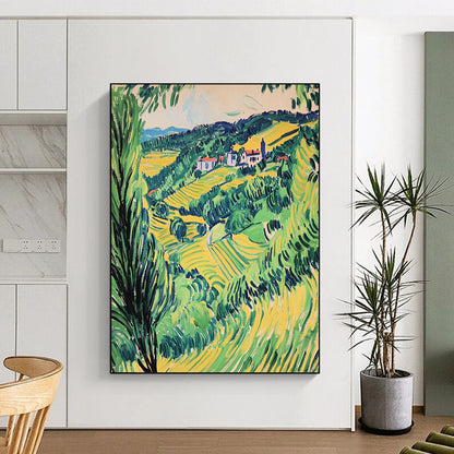 Contemporary hand-painted abstract artwork capturing a vibrant Valençay valley in green and yellow hues, showcasing a vintage style elegance. DLZ1692