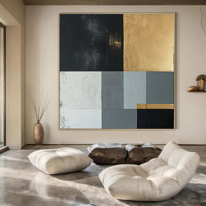 Black, Gold, Gray, White with Geometric Blocks "Elegant Geometry" Abstract Painting On Canvas HB001