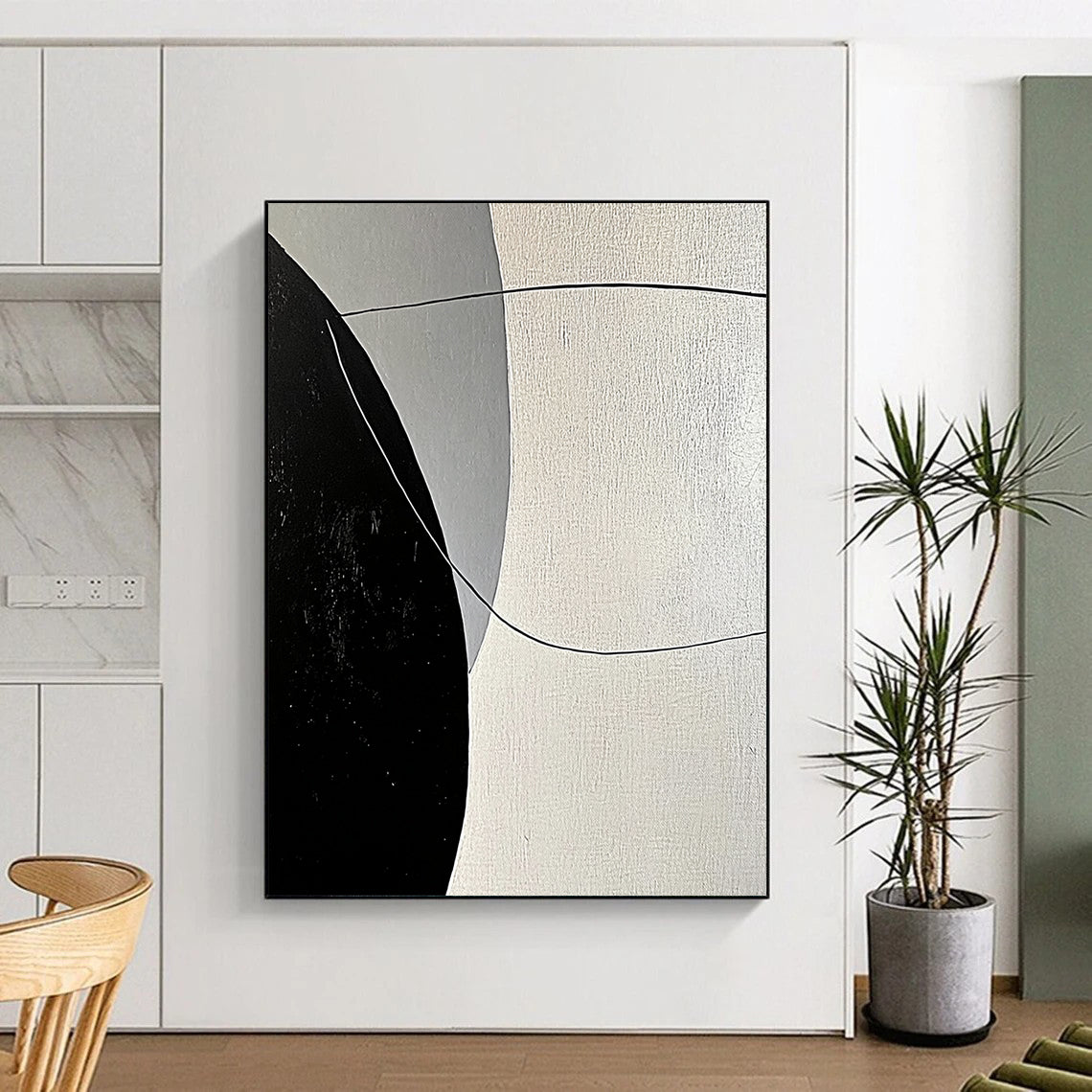 Contemporary abstract painting features bold black and white lines with smooth curves against a large gray background, showcasing minimalist geometric shapes and high contrast lighting. DLZ1654