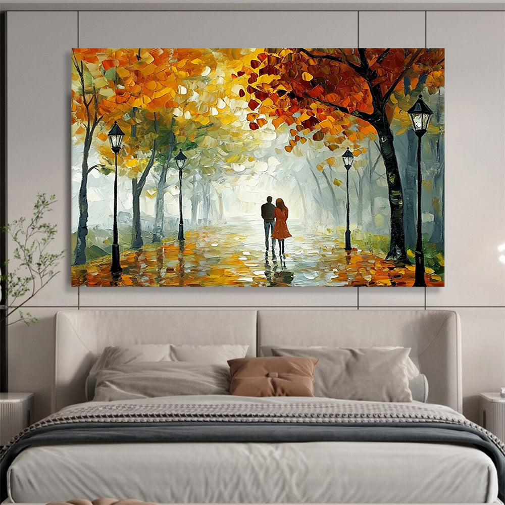 “Autumn Stroll” - Orange, Yellow, Green, Couple Walking Under Trees - Impasto Oil Painting HB1704