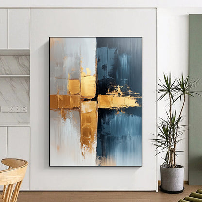 Contemporary hand-painted abstract art featuring a luxurious blend of white and gold tones with gray-blue gradients and striking brushstrokes for a unique visual experience. DLZ0778