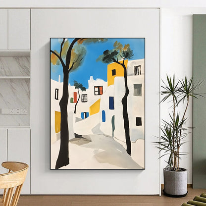 Contemporary hand-painted abstract art featuring Mykonos white buildings with black outlines minimalistic shapes and vibrant blue trees against a crisp white background. DLZ1383