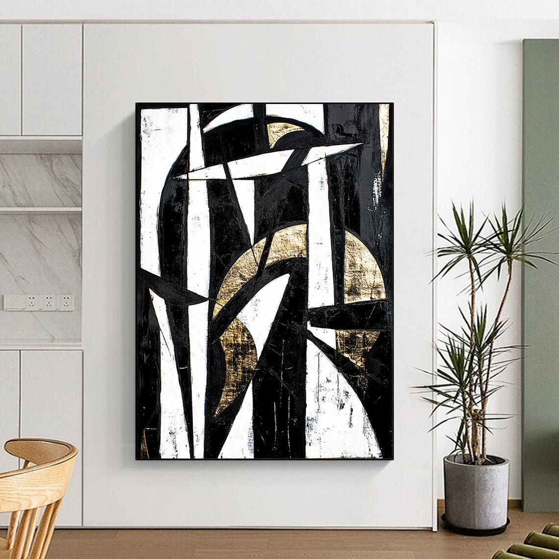 Black, White and Gold Geometric Abstraction "Timeless Contrast" Painting On Canvas HB338