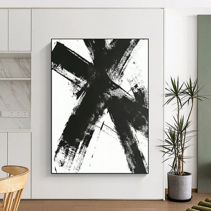 Contemporary large hand-painted abstract artwork featuring a black and white cross with dynamic intersecting lines and expressive brush strokes. DLZ1539