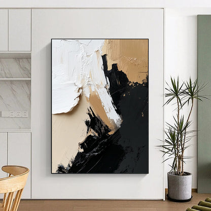Large contemporary hand-painted abstract artwork featuring dynamic black, white, and beige textures for a striking wall display. DLZ0322