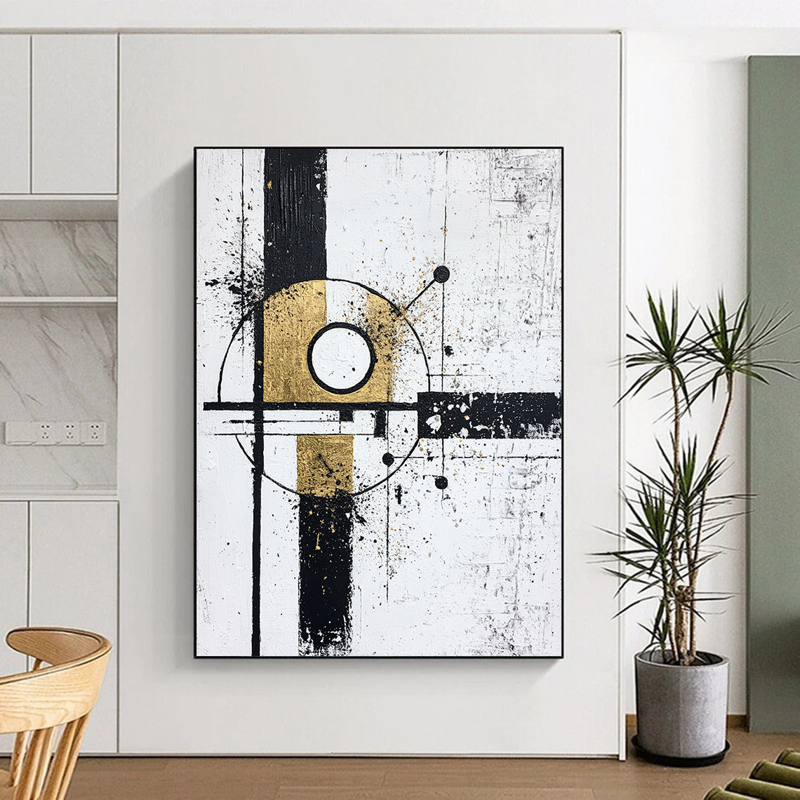 Black, White, Gold, Geometric Fusion "Gilded Geometry" Abstract Cubist - Inspired Painting On Canvas HB103