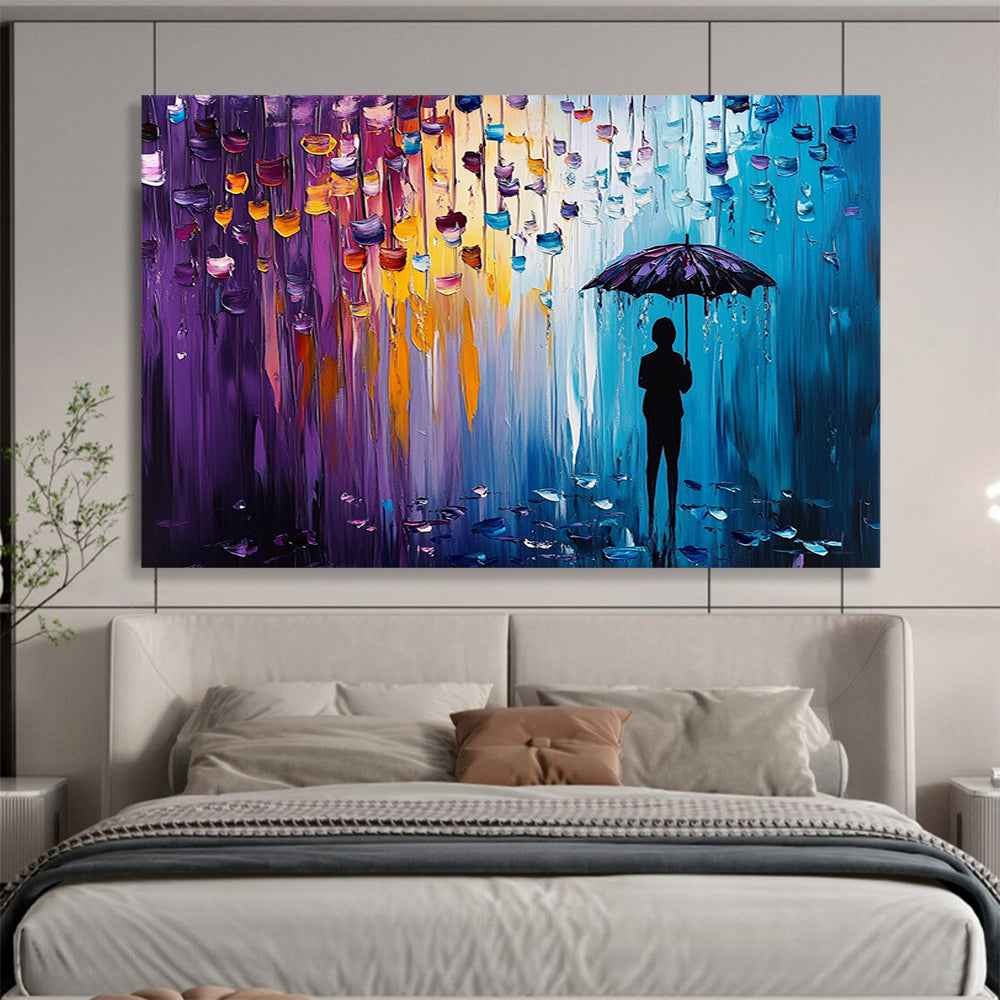 “Color - Dripping Umbrella Silhouette” - Purples, Blues, Oranges, Figure with Umbrella - Palette Knife Acrylic Painting HB1587