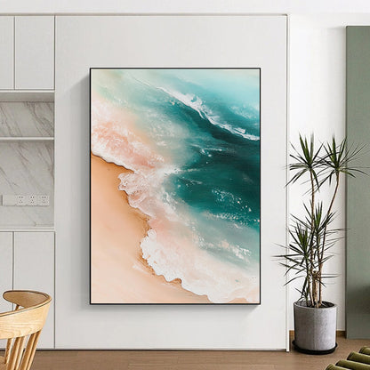 Contemporary hand-painted abstract artwork featuring a sandy beach with gentle waves in light pink and turquoise tones, evoking nature's serene beauty. DLZ1222