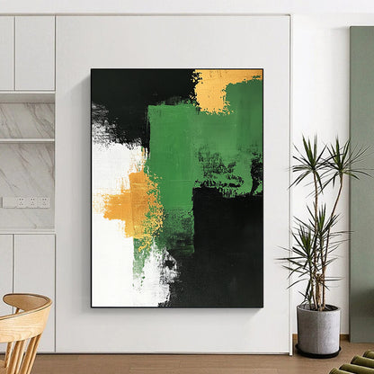 Contemporary hand-painted abstract artwork features a green and white palette with gold accents bold brush strokes on a black background framed by white. DLZ0878
