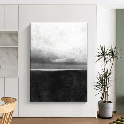 Contemporary hand-painted abstract artwork featuring a textured ocean horizon with soft, atmospheric clouds and a grainy, minimalist aesthetic. DLZ1546