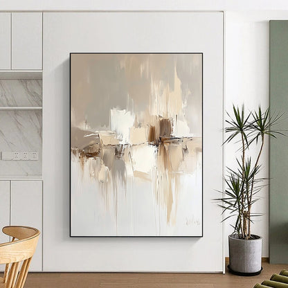 Contemporary hand-painted abstract artwork in soft neutral tones featuring a beige background and elegant fluid shapes that enhance modern interiors. DLZ0287