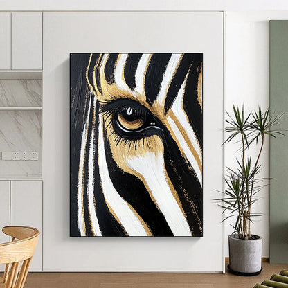 Contemporary hand-painted abstract art featuring a zebra's eye and forehead stripes in black and white with gold highlights against a gradient background. DLZ1217