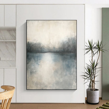 Contemporary abstract painting featuring muted tones and soft textures creating a serene, dreamlike landscape with subtle gradients and blurred edges. DLZ0443