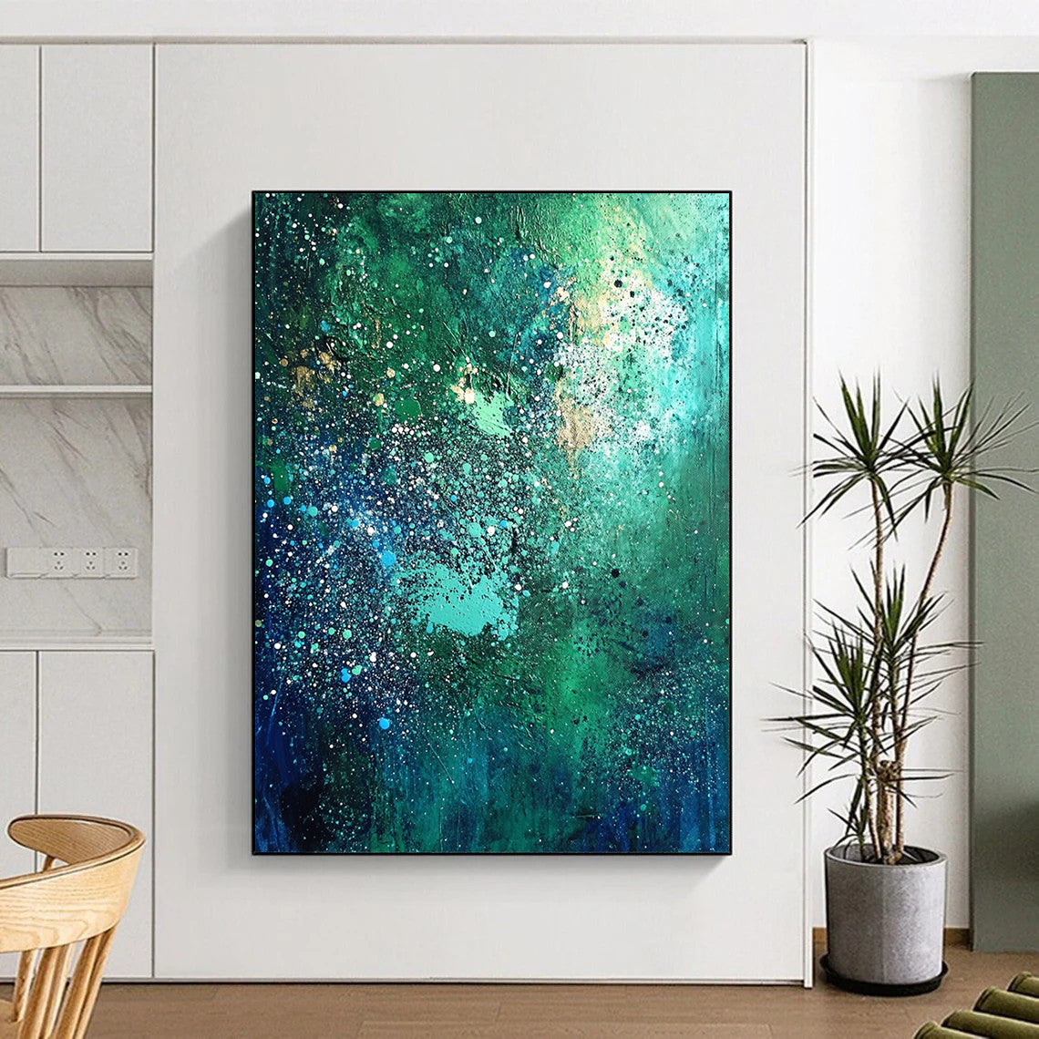 Contemporary abstract artwork in vibrant blues and greens adorned with white speckles and shimmering stars, perfect for elevating any space. DLZ0530