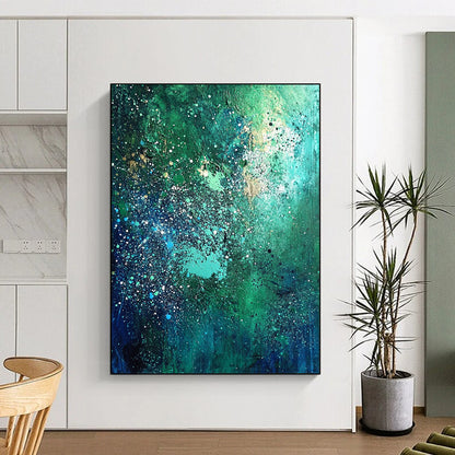 Contemporary abstract artwork in vibrant blues and greens adorned with white speckles and shimmering stars, perfect for elevating any space. DLZ0530