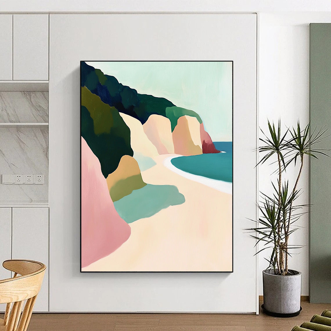 Contemporary hand-painted abstract artwork depicting Big Sur cliffs and beach, featuring a pastel palette and soft brushstrokes emphasizing light and form. DLZ1109