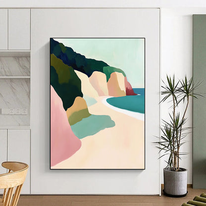 Contemporary hand-painted abstract artwork depicting Big Sur cliffs and beach, featuring a pastel palette and soft brushstrokes emphasizing light and form. DLZ1109