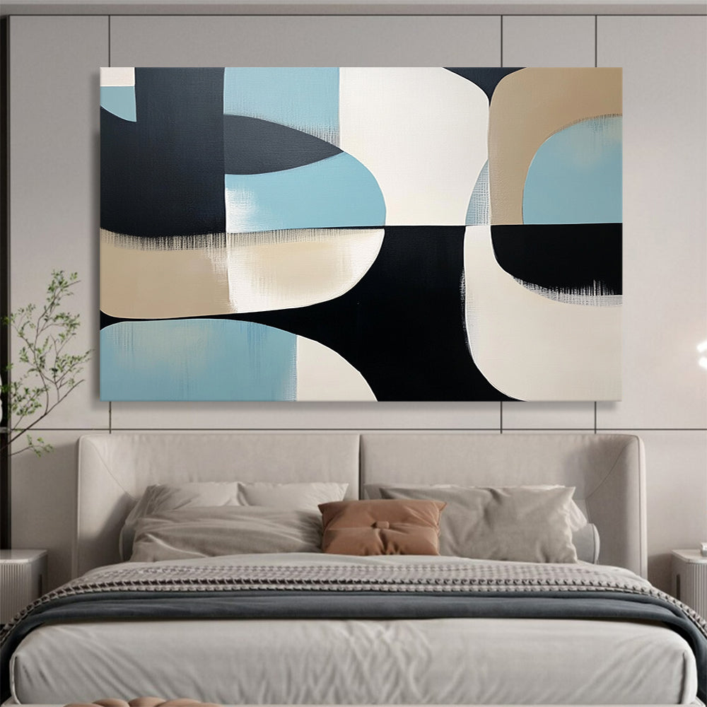 “Curved Geometric Abstract” - Black, white, beige, light blue; Curved geometric abstract shapes; Acrylic Painting On Canvas HB1253
