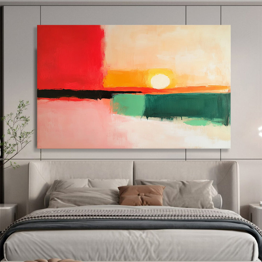 “Color Block Sunset” - Red, Orange, Yellow, Green, Pink, Minimalist Abstract Sunset Painting On Canvas HB1069