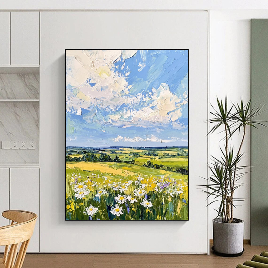 Contemporary large hand-painted abstract artwork showcasing serene English countryside with gentle hills soft blue sky and calming daisies. DLZ1421