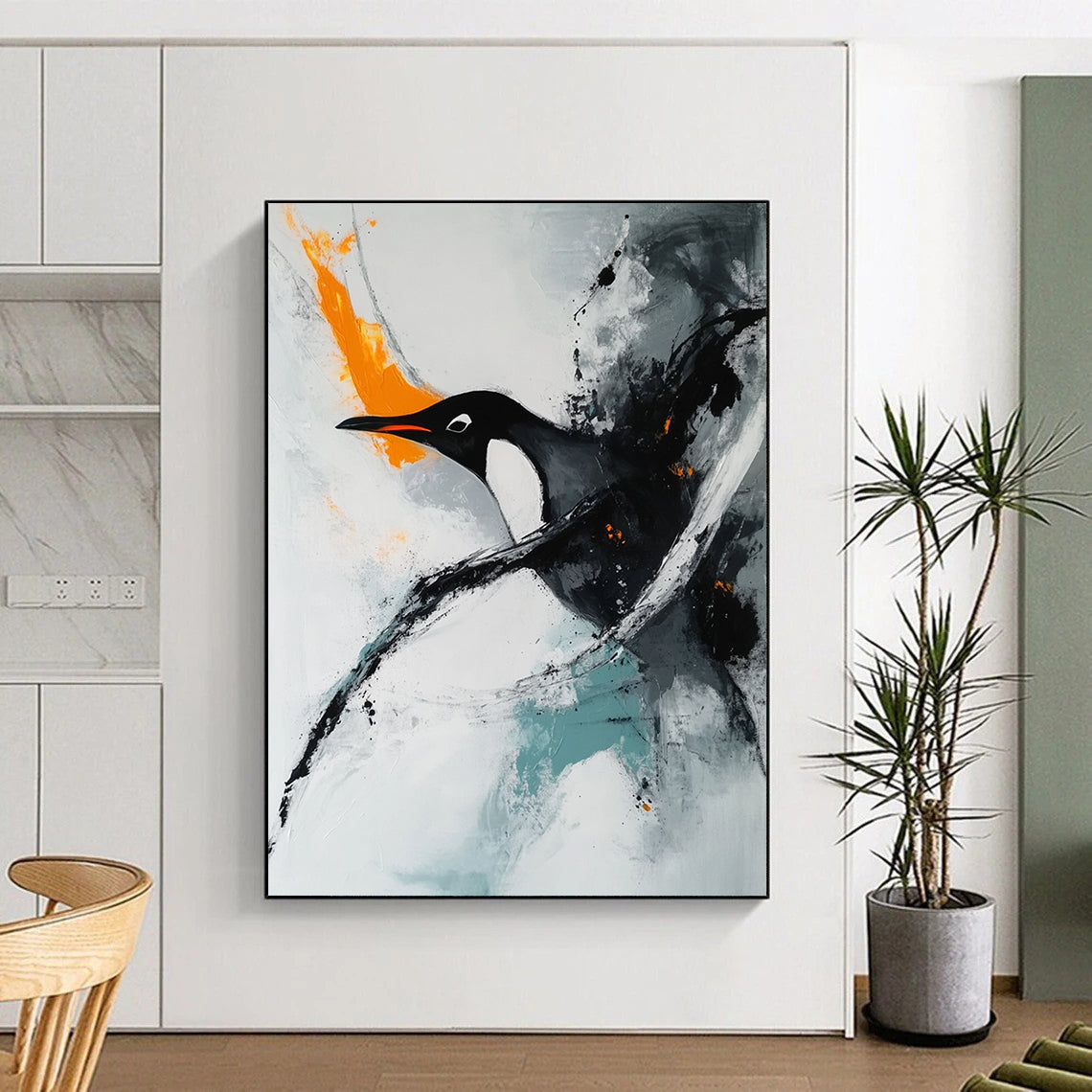 Contemporary hand-painted abstract art featuring a minimalist composition with soft edges showcasing a penguin swimming on a white background accentuated by orange tones. DLZ0551