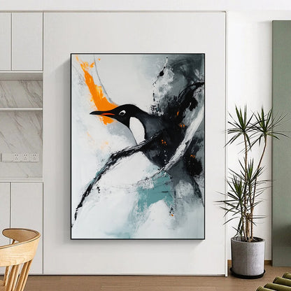 Contemporary hand-painted abstract art featuring a minimalist composition with soft edges showcasing a penguin swimming on a white background accentuated by orange tones. DLZ0551