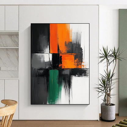 Contemporary hand-painted abstract artwork features bold black lines on a pristine white background with vibrant blocks of orange gray and green colors. DLZ1651