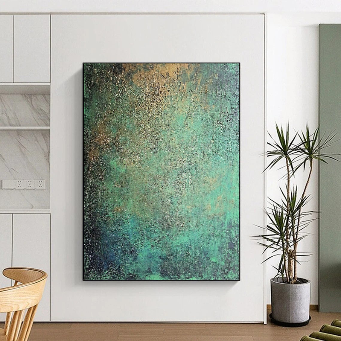 Contemporary hand-painted abstract art features intricate textures of dark green and blue tones with metallic sheen and subtle red accents. DLZ1167