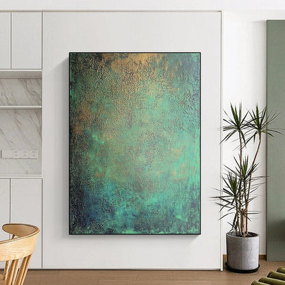 Contemporary hand-painted abstract art features intricate textures of dark green and blue tones with metallic sheen and subtle red accents. DLZ1167