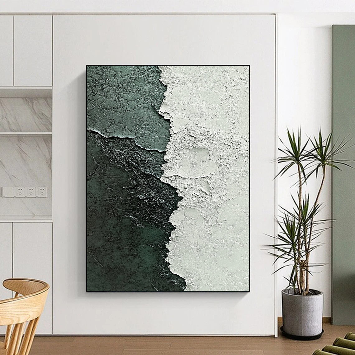 Contemporary abstract painting highlights textured contrast of white plaster and dark green paint with intricate brushstrokes in gray and blue tones. DLZ1213