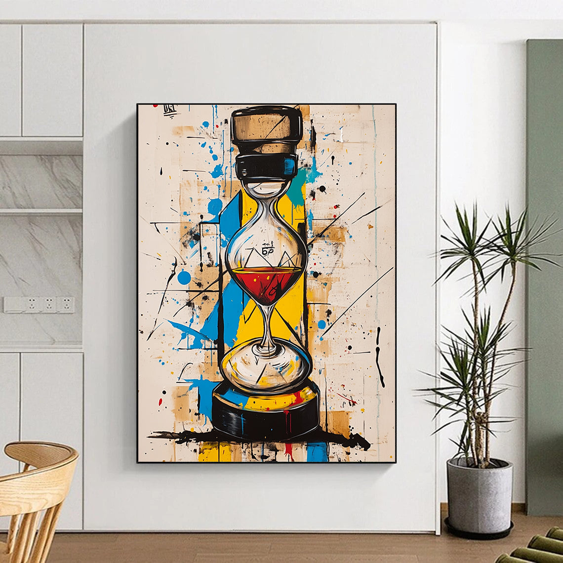 Contemporary abstract art with vibrant colors geometric shapes features an hourglass and a whisky bottle harmoniously integrated in the striking composition. DLZ1090