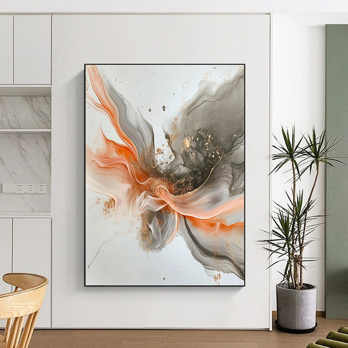 Gray, Orange, Gold, Flowing Shapes "Fiery Grace" Abstract Painting On Canvas HB034