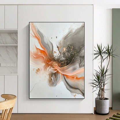 Gray, Orange, Gold, Flowing Shapes "Fiery Grace" Abstract Painting On Canvas HB034