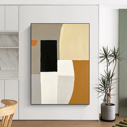 Contemporary hand-painted abstract artwork featuring white and gray shapes, a black square, an orange element, and a simple form in the top left corner. DLZ0932