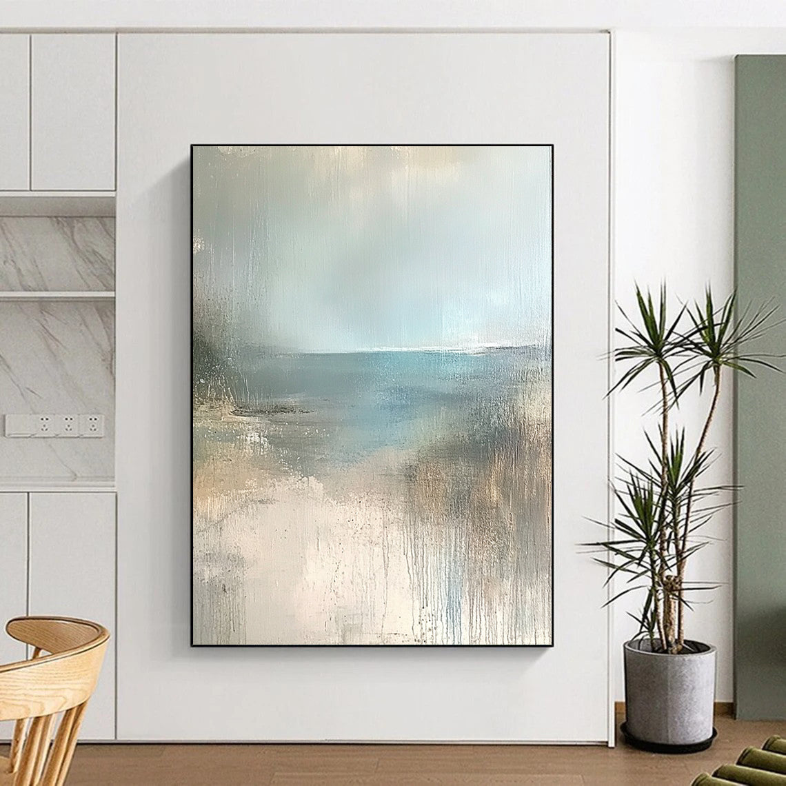 Contemporary hand-painted abstract art featuring a serene empty beach in soft beige, pale blue, and grey tones. Perfect for calming spaces. DLZ0950