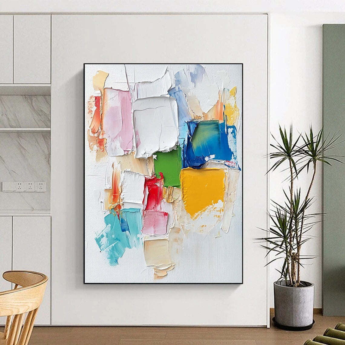 Contemporary hand-painted abstract artwork featuring colorful textures and a collage cityscape, enriched with soft brush strokes and vibrant impasto techniques. DLZ0835