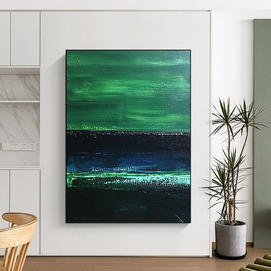 Contemporary abstract painting features textured dark greens and a serene emerald band, evoking calmness reminiscent of dimly lit water reflections. DLZ1242