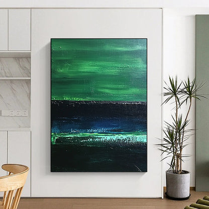 Contemporary abstract painting features textured dark greens and a serene emerald band, evoking calmness reminiscent of dimly lit water reflections. DLZ1242