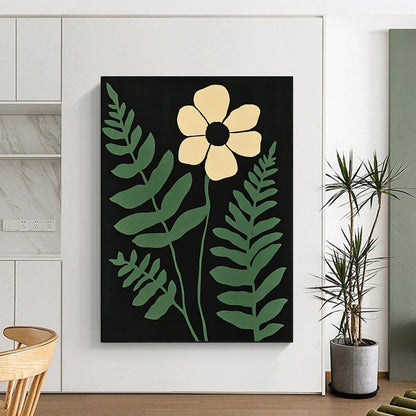 Contemporary abstract art featuring a white flower and green fern leaves on a striking black background with muted colors inspired by Matisse. DLZ1636