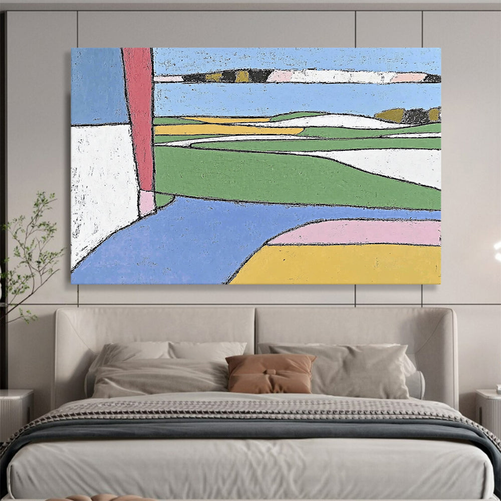 “Color - Blocked Landscape” - Green, Blue, Yellow, Abstract Fields - Primitive Acrylic Painting HB1504