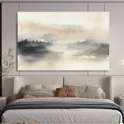 “Misty Landscape Watercolor” - Gray, Beige, Misty Landscape Watercolor On Canvas HB0717