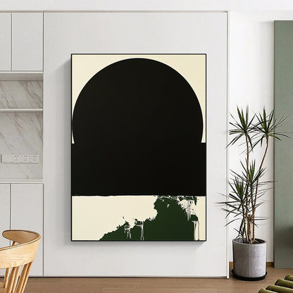 Contemporary hand-painted abstract art featuring a minimalist black circle with a white border and a small dark green splash on a black background. DLZ1382
