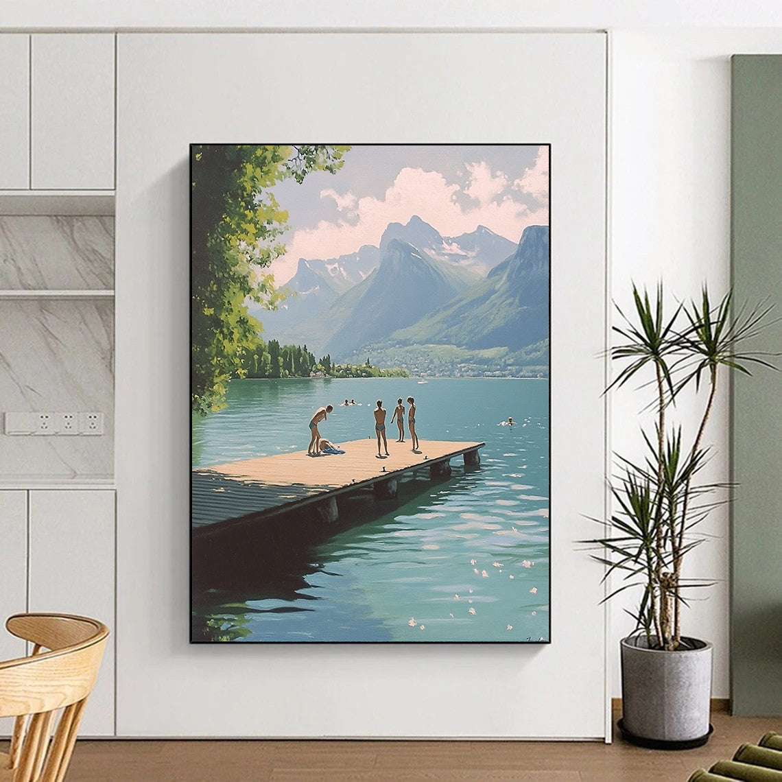 Contemporary abstract painting featuring swimmers on a dock at Lake Annecy with mountains in the background in a nostalgic 1970s vintage style. DLZ1108