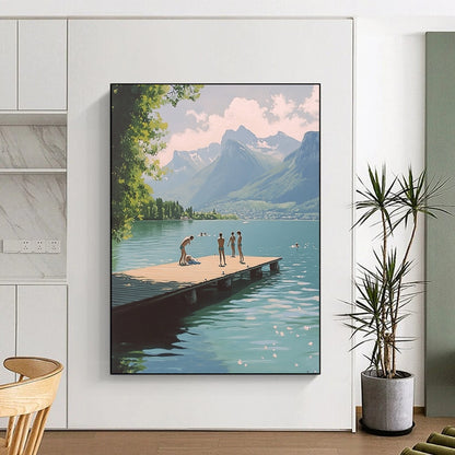 Contemporary abstract painting featuring swimmers on a dock at Lake Annecy with mountains in the background in a nostalgic 1970s vintage style. DLZ1108