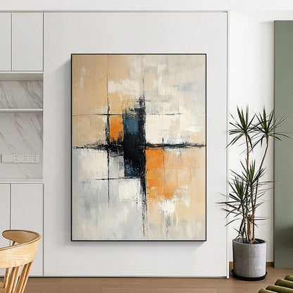 Large contemporary hand-painted abstract art featuring soft neutral tones with orange accents and black elements, incorporating architectural shapes and loose brush strokes. DLZ1058