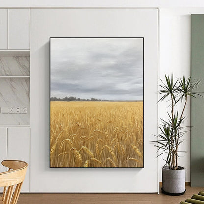 Contemporary hand-painted abstract art featuring a vast wheat field in soft earth tones and greys, capturing nostalgia beneath an overcast sky. DLZ1486