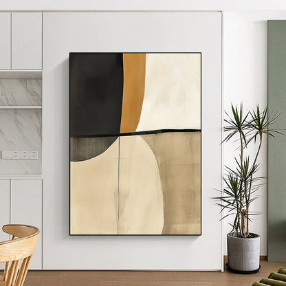 Contemporary hand-painted abstract artwork featuring beige and white tones with striking black accents resembling elegant shapes inspired by shoulder pads. DLZ1258