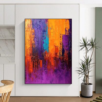 Contemporary abstract painting in vivid purple orange and blue with thick brush strokes dramatic lighting and rich texture create an atmospheric cityscape. DLZ0371