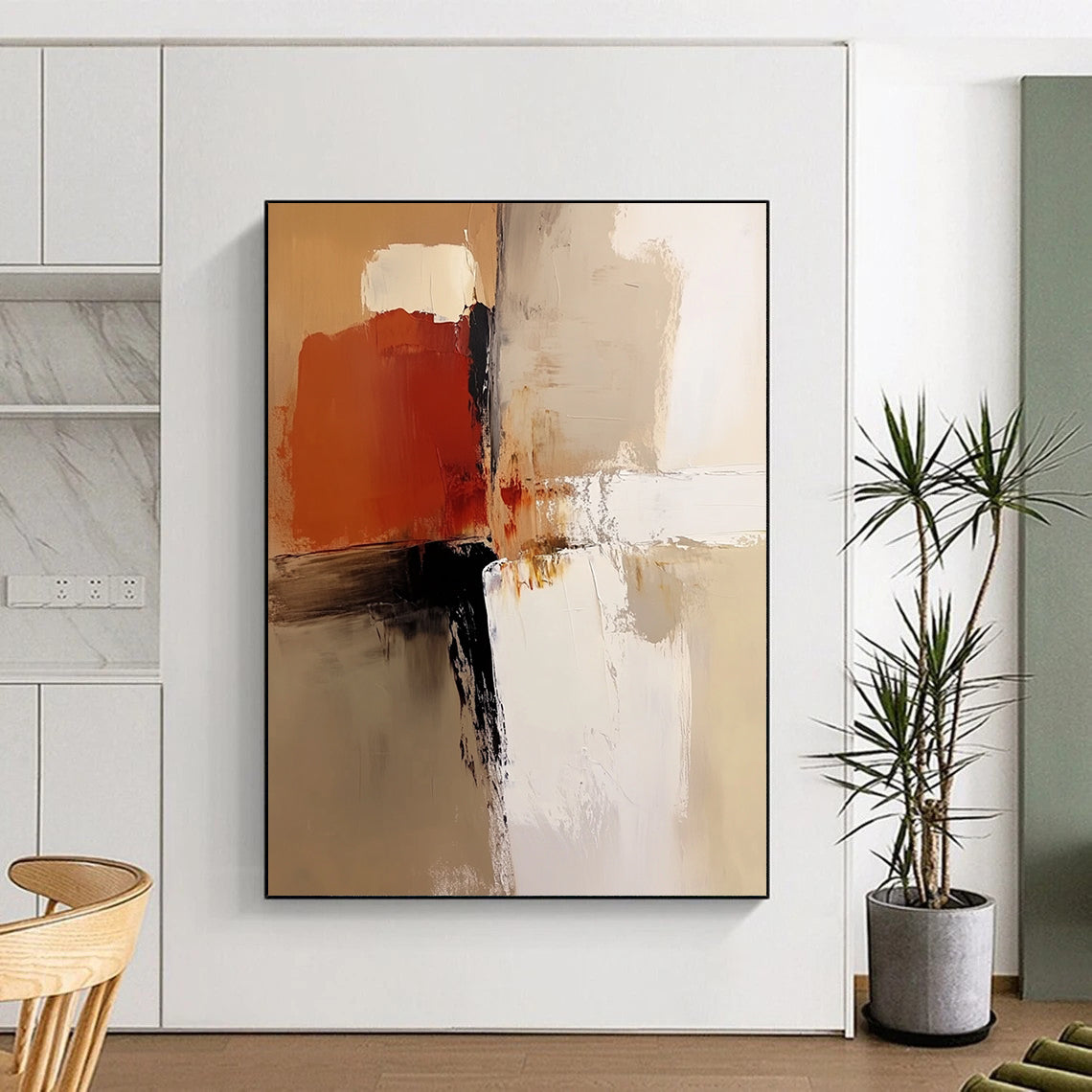 Contemporary abstract painting features a neutral color palette with beige, white, brown, and soft brush strokes for a warm artistic expression. DLZ0532