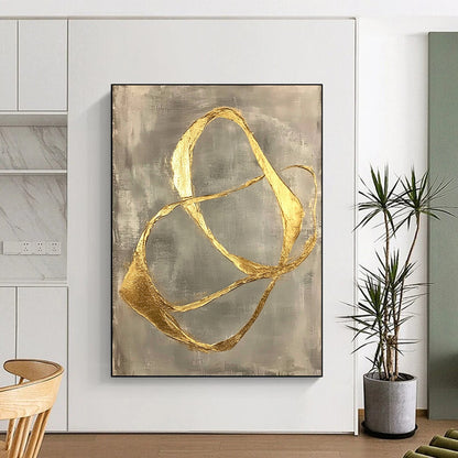 Contemporary abstract art featuring gold leaf-shaped lines on a gray background, showcasing organic forms and minimalist fluidity in a striking hand-painted design. DLZ1578